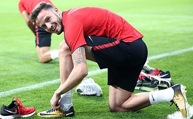 Saúl Ñíguez, en el primer entrenamiento del Atlético en el Wanda Metropolitano. 