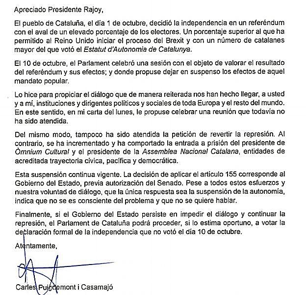 La carta que ha enviado esta mañana Puigdemont a Rajoy.