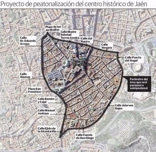 Mapa de la zona de peatonal que podría implantarse en este mes de noviembre en Jaén. 