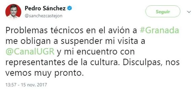 Un problema técnico en el avión obliga a suspender la visita de Pedro Sánchez a Granada