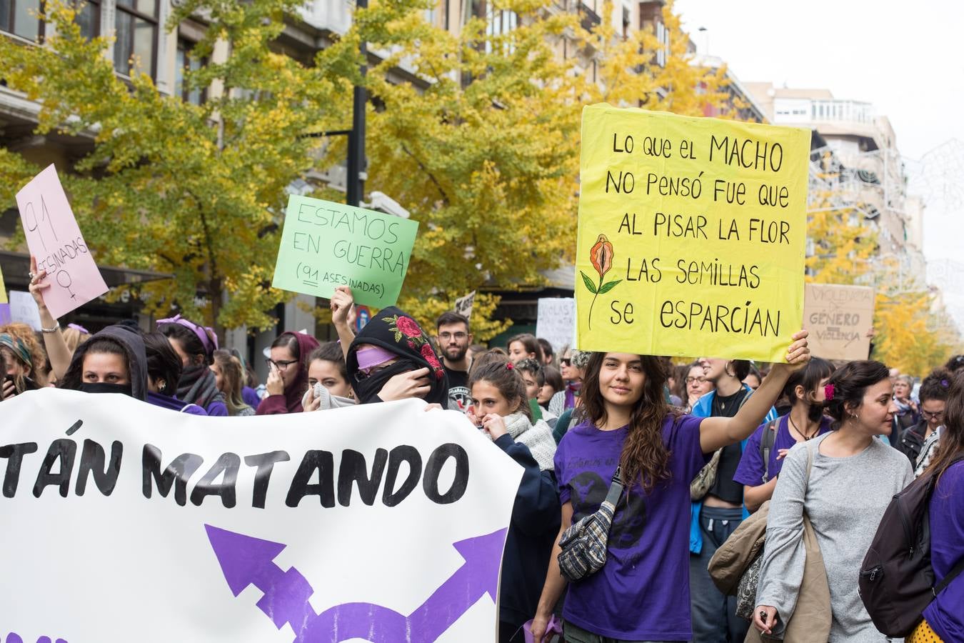 La Plataforma 25 de Noviembre en Granada, integrada por colectivos feministas, sindicatos y grupos políticos, ha puesto este año especial acento en el caso de Juana Rivas durante la manifestación, en la que, según un portavoz de la Policía Local, han participado este mediodía más de 20.000 personas por las calles del centro de esta capital andaluza