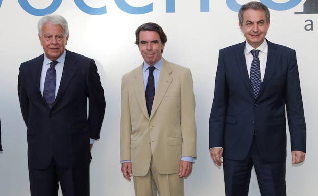 Felipe González, José María Aznar y José Luis Rodríguez Zapatero, en el encuentro de expresidentes del mes de julio en Madrid.