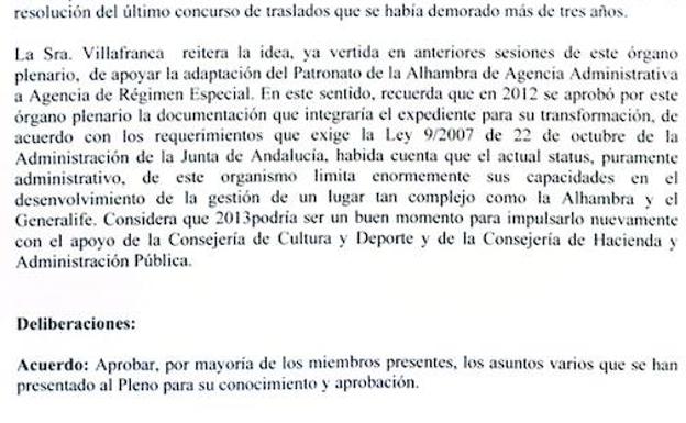 Párrafo del acta de un pleno de 2013 donde advierte de las "limitaciones" de la agencia administrativa.