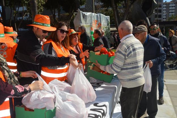 Miembros de UPA reparten bolsas y cajas llenas de tomates y pimientos a los almerienses en la Rambla de la capital.