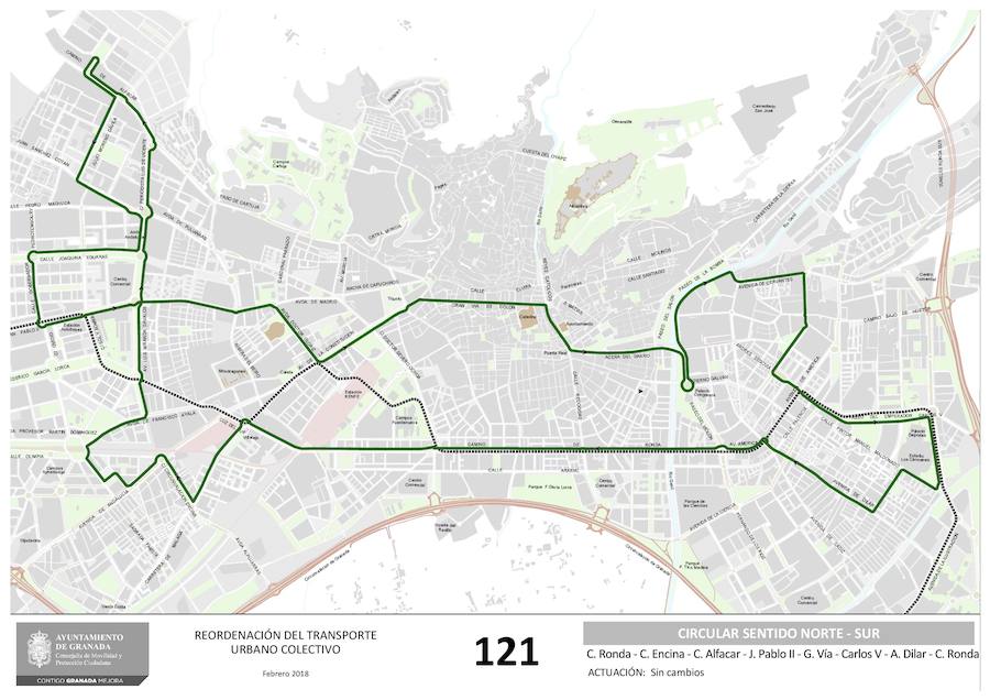 Aquí puede ver cómo quedan los planos de las líneas de autobús de Granada que no alteran su recorrido: U3, 111, 121, N5, N6, N7, N8, N9, U1, U2