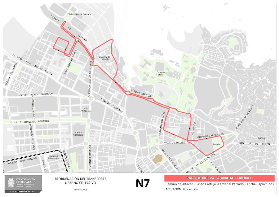 Aquí puede ver cómo quedan los planos de las líneas de autobús de Granada que no alteran su recorrido: U3, 111, 121, N5, N6, N7, N8, N9, U1, U2