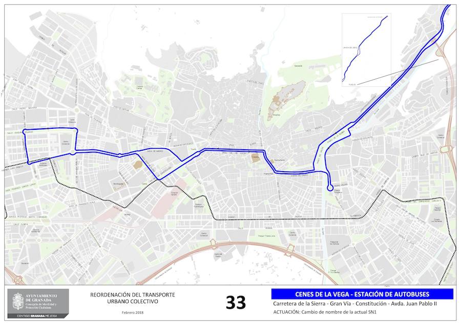 Estas son las 19 líneas que se verán afectadas o, incluso, creadas, con el nuevo mapa del transporte público en Granada. Los recorridos implicados corresponden a las líneas: N4, 3, 4, 5, 6, 11, 13, 21, C30, C31, C31, C33, C34, C35, N1, N3, S3, S0 y S2