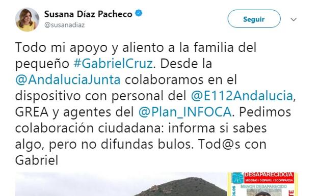 Susana Díaz envía "apoyo y aliento" a la familia de Gabriel