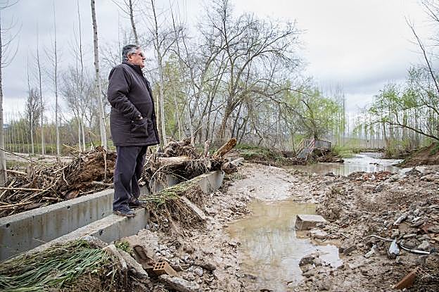 Un agricultor observa la desolación causada por las inundaciones en el paraje conocido como Huertas de Valderrubio.