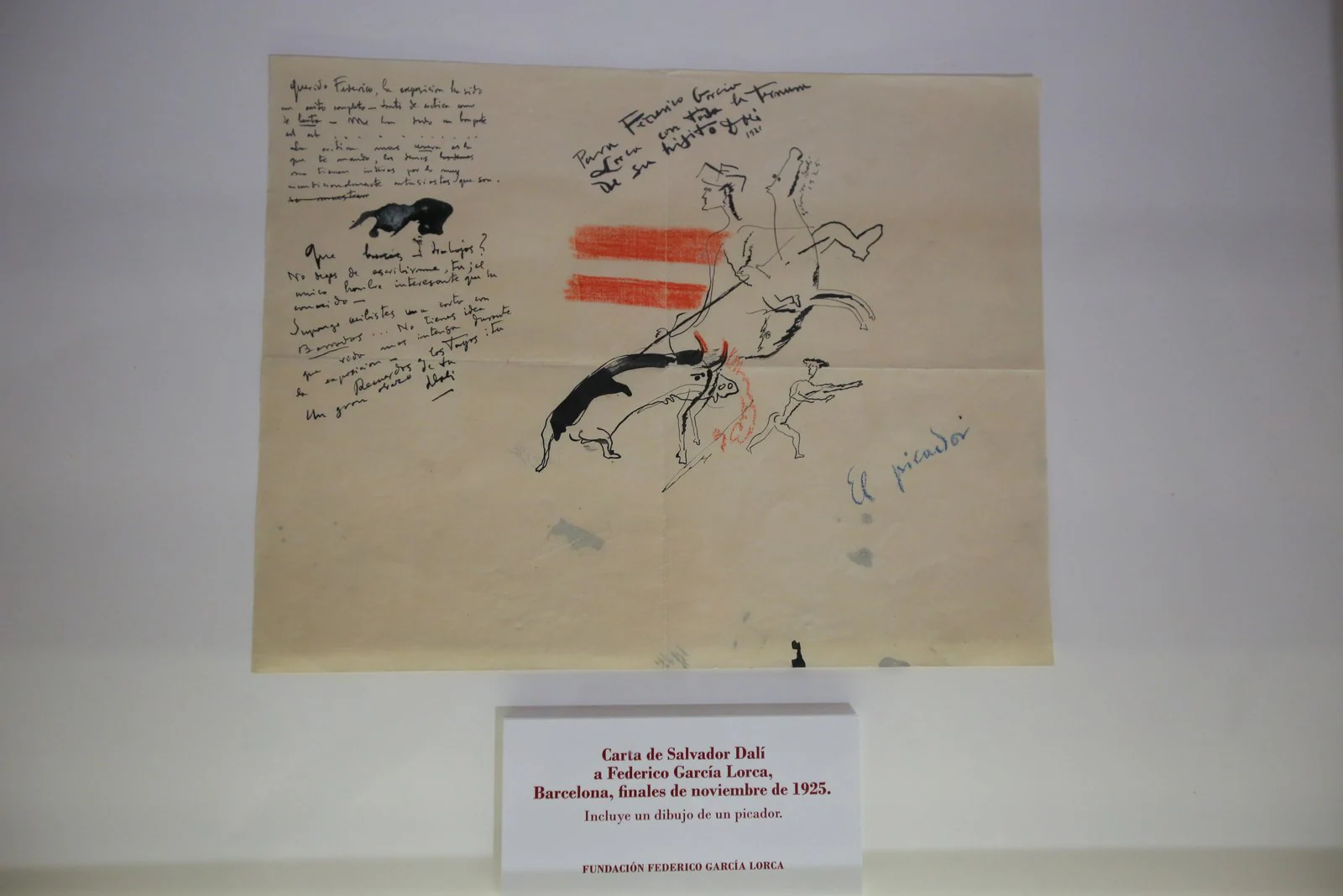 Carta de Salvador Dalí a Federico García Lorca enviada desde Barcelona a finales de noviembre de 1925. Incluye un dibujo de un picador. Fundación Lorca.