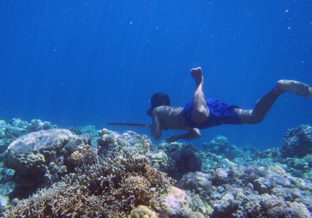 Un pescador bajau acecha a los peces en apnea entre los arrecifes de coral. Arriba, un poblado de palafitos en Malasia. :: afp