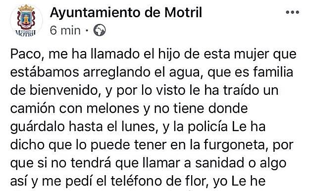 Pantallazo del post del Ayuntamiento de Motril. 