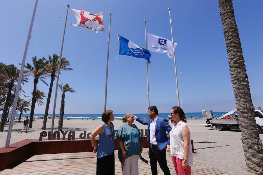 La delegada del Gobierno andaluz en Granada, la directora de Calidad, Innovación y Fomento del Turismo y alcalde de Torrenueva tras izar la bandera. 
