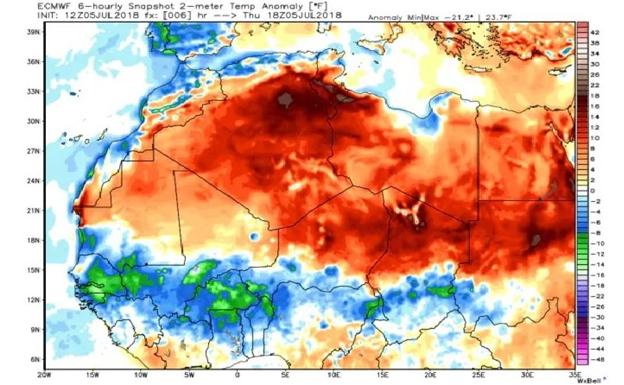 Zonas del norte de África (en rojo) afectadas por la ola de calor 