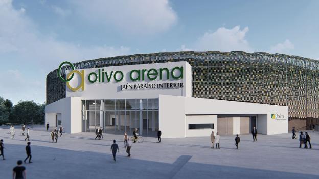 Imagen virtual del futuro pabellón polideportivo Olivo Arena, que la Junta y la Diputación construirán en 40.000 m2 junto a Ifeja