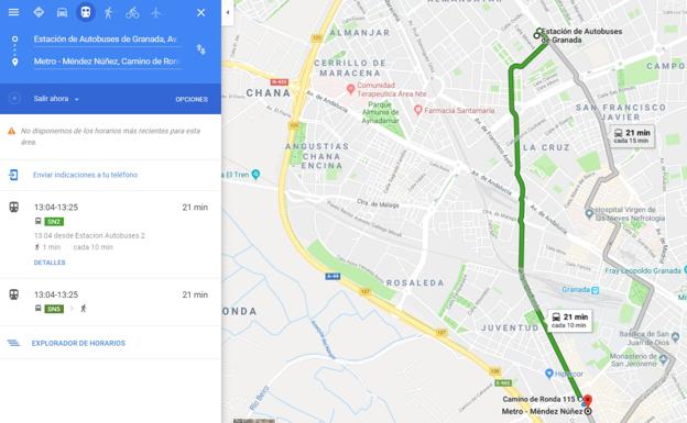 Imagen. En la galería de fotos verás varios ejemplos del recorrido del Metro de Granada que no aparece en Google Maps.