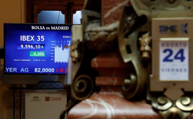 Vista de una pantalla en la sede de la Bolsa en Madrid. 
