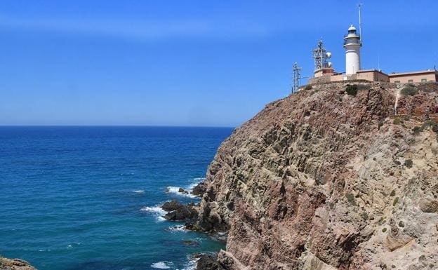 Imagen principal - El faro de Cabo de Gata se alza sobre el acantilado, en el que habitan y vuelan los grandes alcatraces. En arenas volcánicas crecen los jopos de lobo 