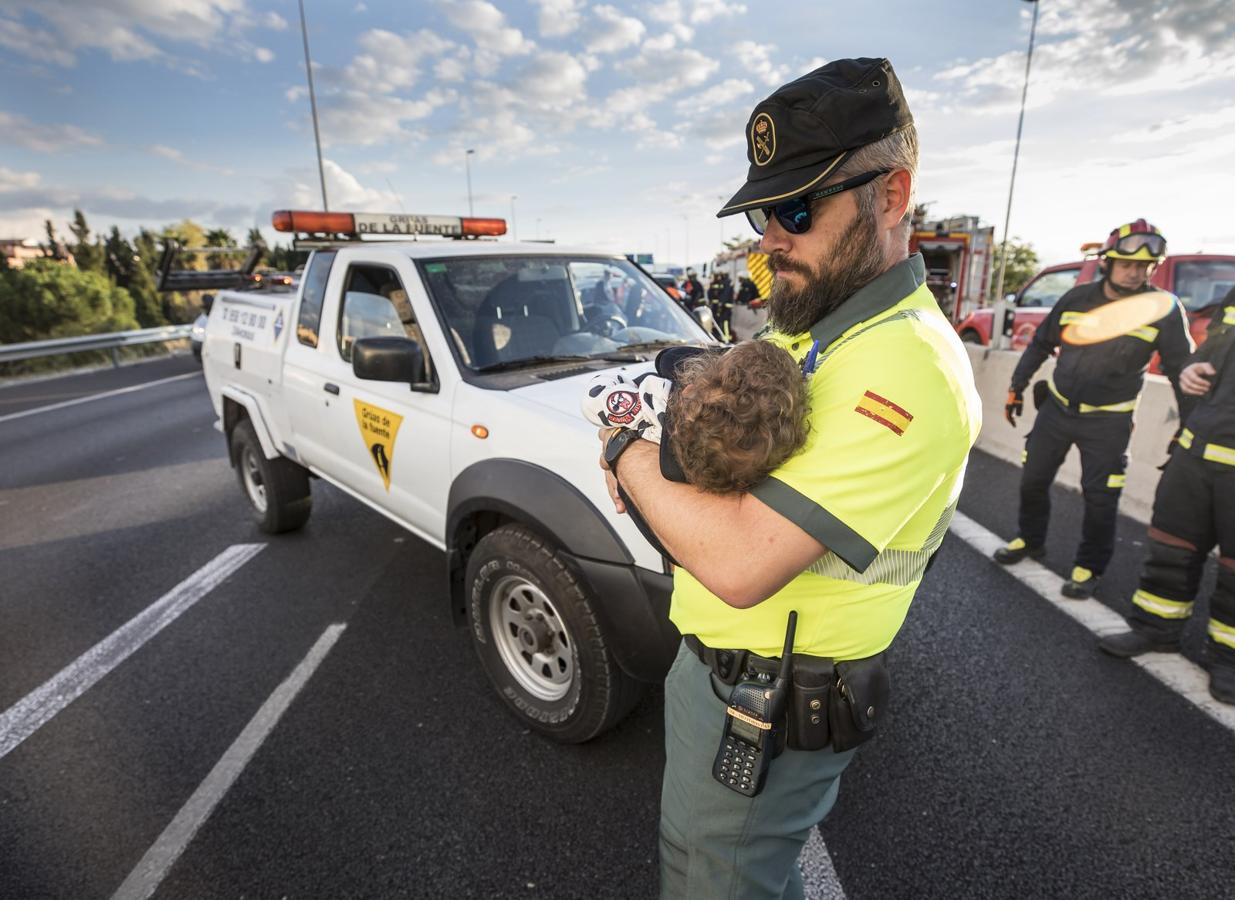 La colisión ha provocado que uno de los coches salte la mediana. Hasta el lugar de los hechos se han trasladado bomberos, servicios sanitarios y efectivos de la Guardia Civil.