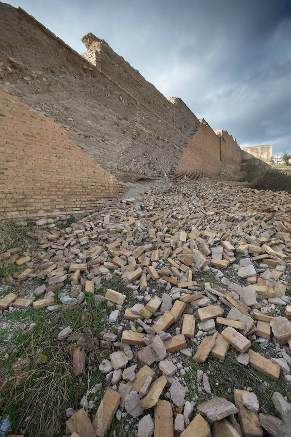 Cientos de ladrillos de lo que prodría ser el revestimiento de la muralla están amontonados junto a restos de basura