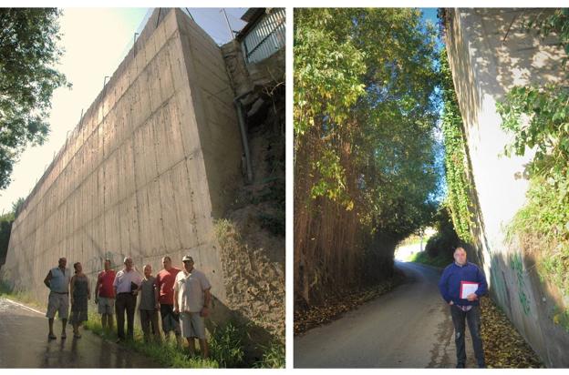 1. Imagen del 2010. Los vecinos ya denunciaron el mal estado del muro hace ocho años. 2. Imagen del 2018. Estado actual del muro, vencido sobre la carretera.