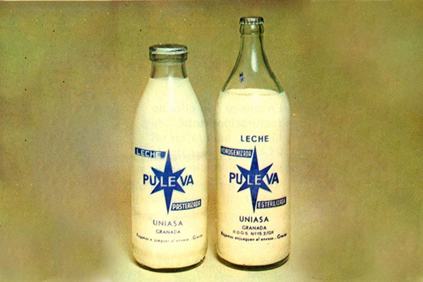 1971. UN ENVASE ICÓNICO. Las botellas de cristal de PULEVA se convirtieron en un clásico de los hogares granadinos, contribuyendo a reafirmar la calidad percibida de la marca. En la imagen, envases de botella cristal de leche pasterizada y estéril de 1 litro.