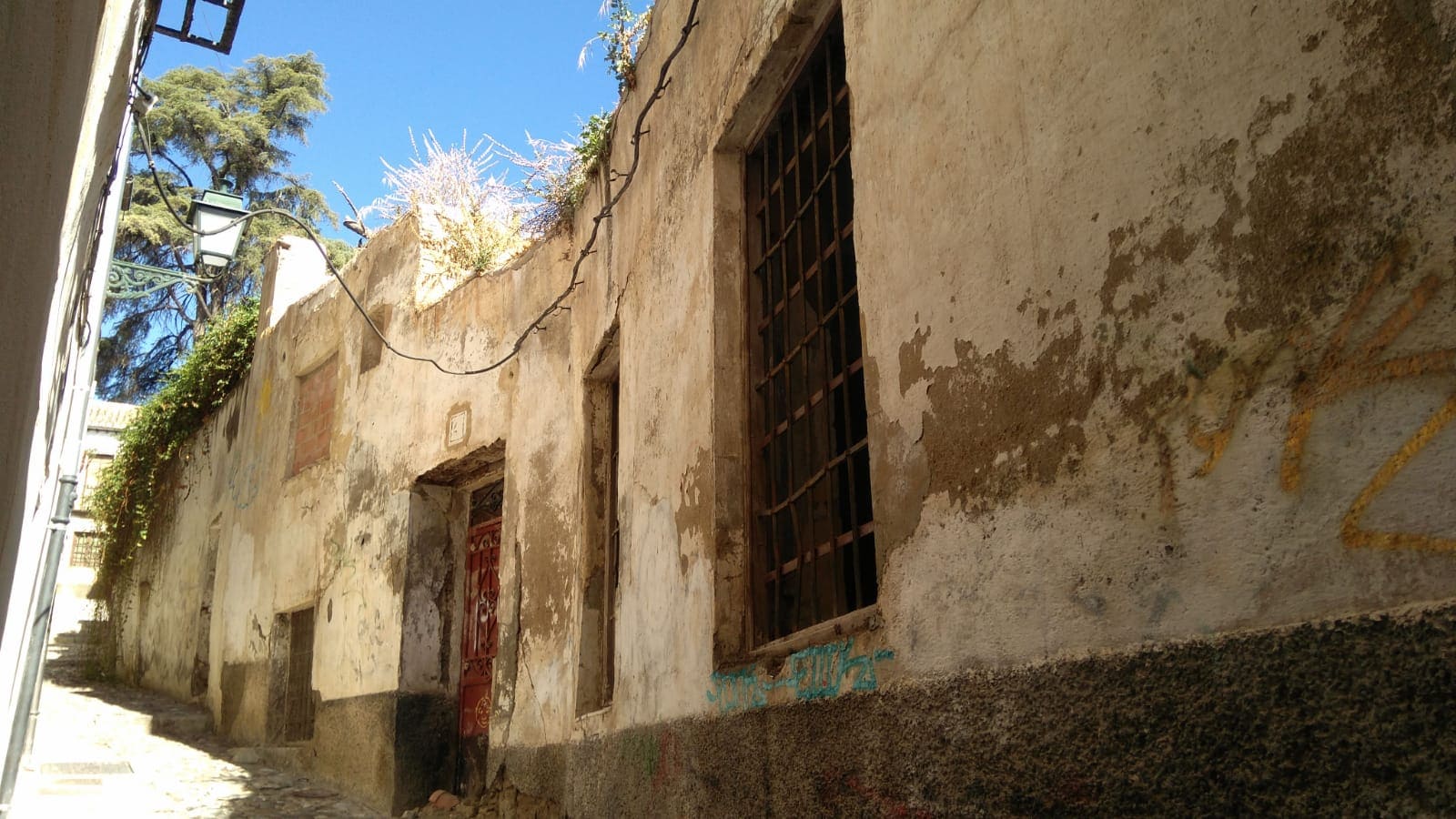 Casa con techo derruido y vegetación en la fachada, en la calle Babole. 