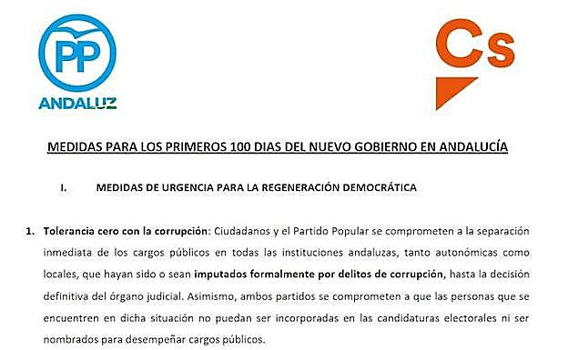 Las 21 medidas para los primeros 100 días del nuevo Gobierno andaluz: dimisión de los imputados, eliminar aforamientos o bajada de impuestos