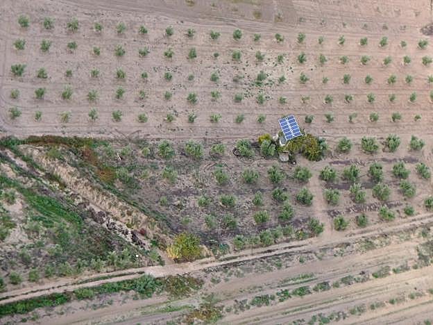 Vista aérea de una instalación de riego con placas solares.