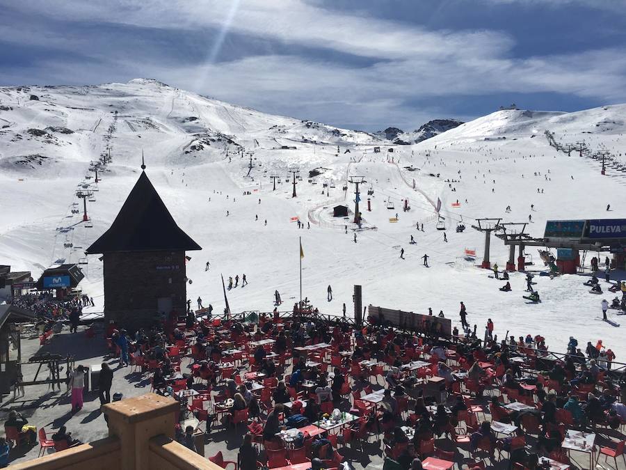 El buen tiempo y el puente de Andalucía han provocado que la estación de esquí granadina presente una aspecto espectacular, con miles de esquiadores y visitantes disfrutando de Sierra Nevada.