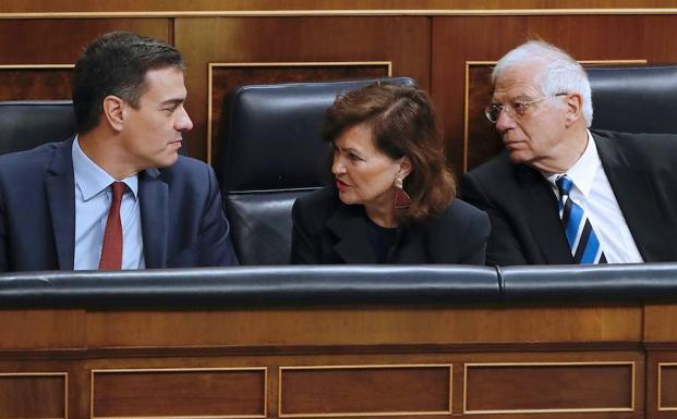 Sánchez junto a la vicepresidenta Calvo y el ministro Borrell, este miércoles, en el último pleno del Congreso antes de las elecciones.