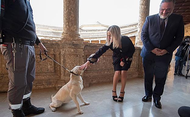 La consejera de Cultura jugueteó con uno de los perros del servicio de seguridad de la Alhambra.