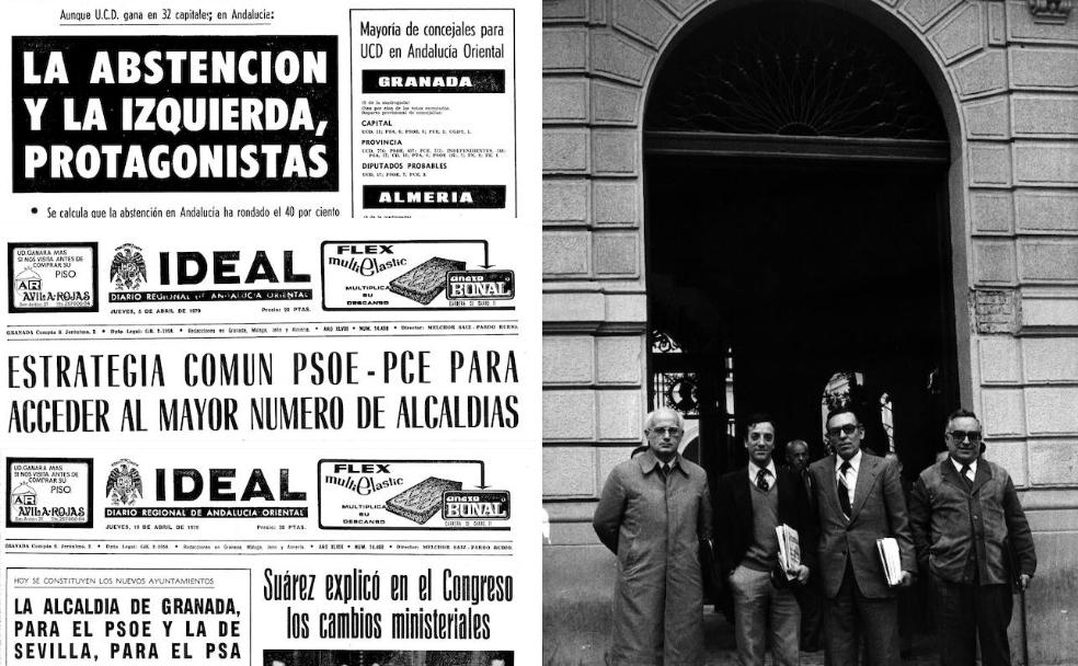 Cobertura informativa de IDEAL y, a la derecha, los cuatro candidatos a la Alcaldía de Granada en 1979 en la Plaza del Carmen.