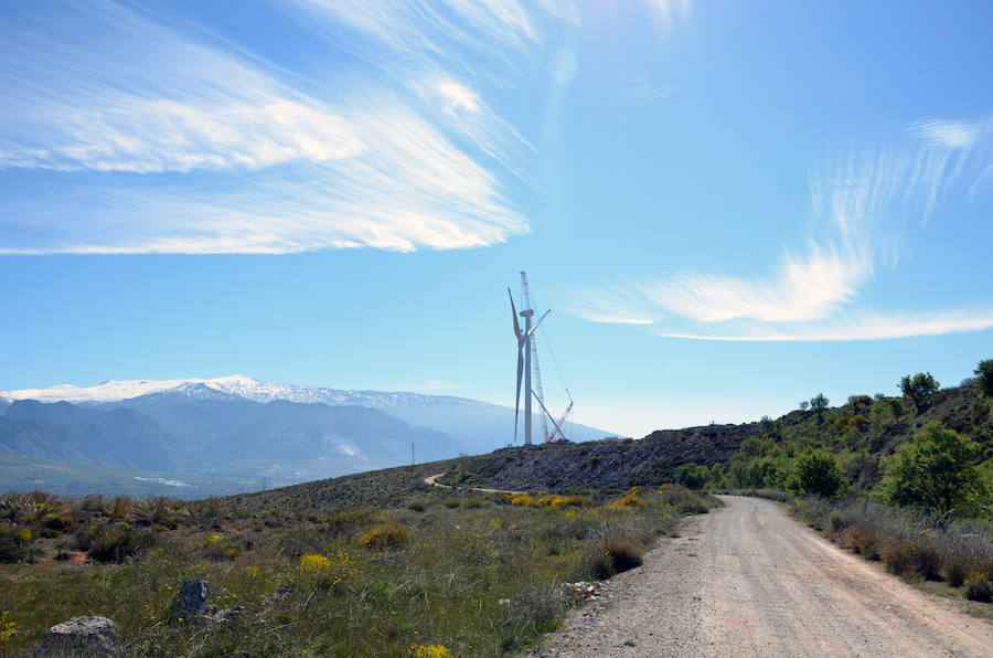 Durante toda una semana la empresa responsable de esta actuación intentó colocar las aspas a este coloso de la energía eólica, un prototipo cuyas palas son hechas en Granada