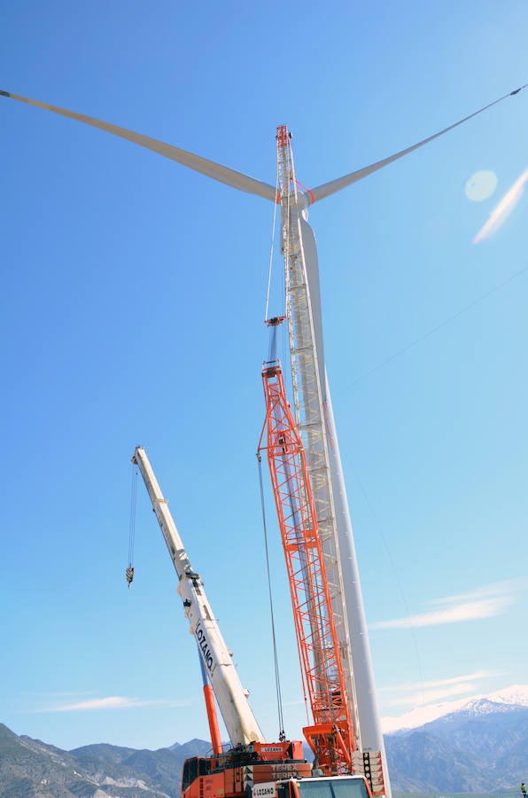 Durante toda una semana la empresa responsable de esta actuación intentó colocar las aspas a este coloso de la energía eólica, un prototipo cuyas palas son hechas en Granada