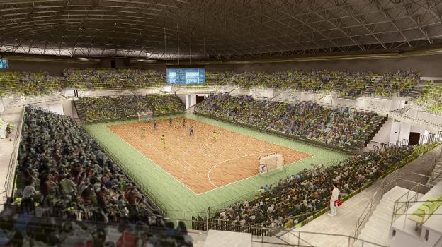 Imagen virtual del futuro pabellón Olivo Arena, con los dos tipos de graderíos.