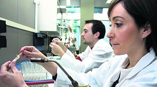 Investigadores del CECT, en el laboratorio. Debajo, bacterias de un yogur.