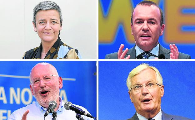 Arriba. Margrethe Vestager y Manfred Weber. Abajo. Frans Timmermans y Manfred y Michel Barnier. 