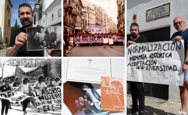 Imágenes que recuerdan la evolución del activismo LGTBIQ+ en Granada. En la imagen de la derecha Juan Pedro y Alberto con una camparta que señala los nuevos retos frente a la sacristía de San Ildefonso.