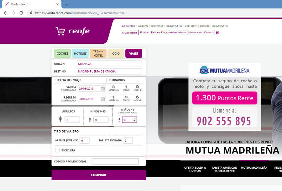 Paso 2: en la misma ventana que la selección de origen, destino y fechas, se debe especificar además el número de personas que desean hacer el viaje (adultos o niños), si se posee alguna tarjeta de descuento o código promocional y si se viaja con bicicleta. Una vez rellenado todo, hay que pulsar en 'comprar'. 