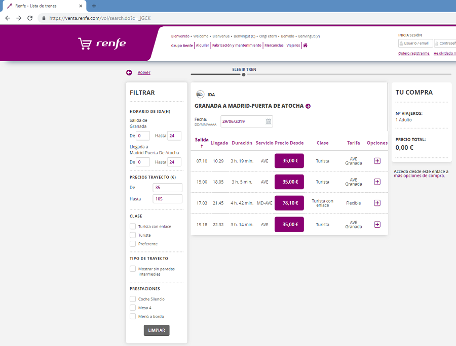 Paso 3: aparecerán todos los trayectos disponibles para las fechas seleccionadas. A la izquierda se puede filtrar la búsqueda según las prestaciones que se necesiten, los precios y las horas. 