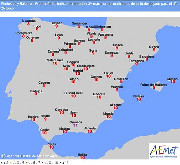 Predicción de Índice de radiación UV máximo en condiciones de cielo despejado para el día 26 Junio. 