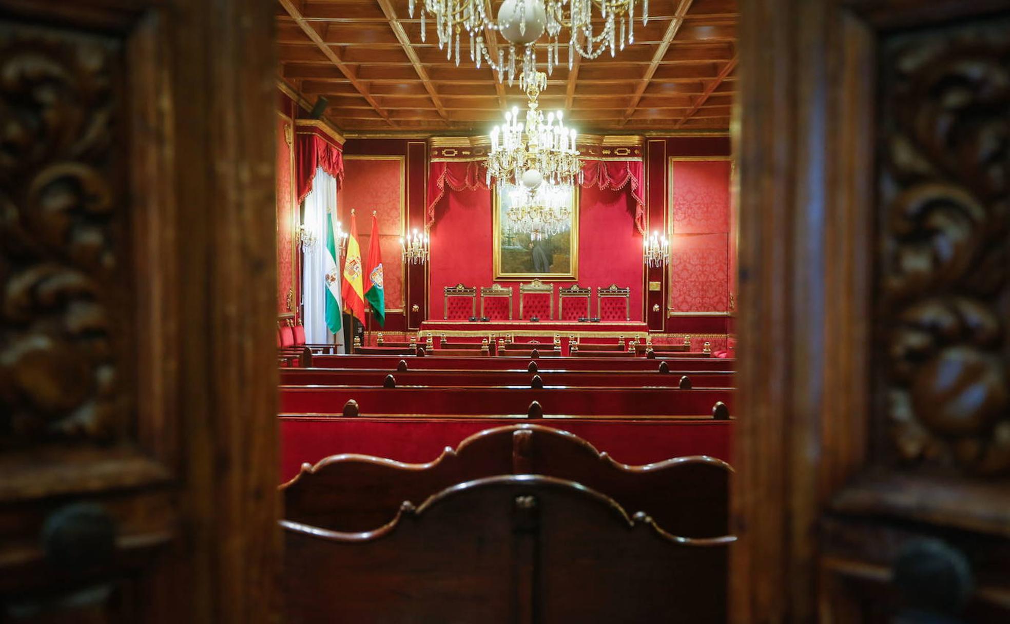 Las puertas de acceso al Salón de Plenos del Ayuntamiento de Granada, entornadas.
