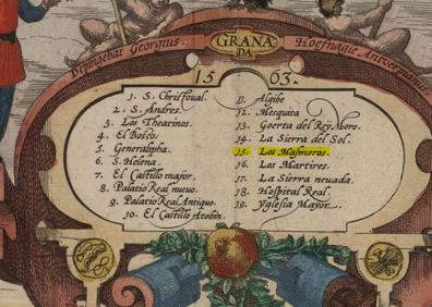 Imagen secundaria 1 - Arriba, el grabado completo de 1563. Abajo a la izquierda, la leyenda del mapa. A la derecha, las mazmorras junto al Carmen de los Mártires.