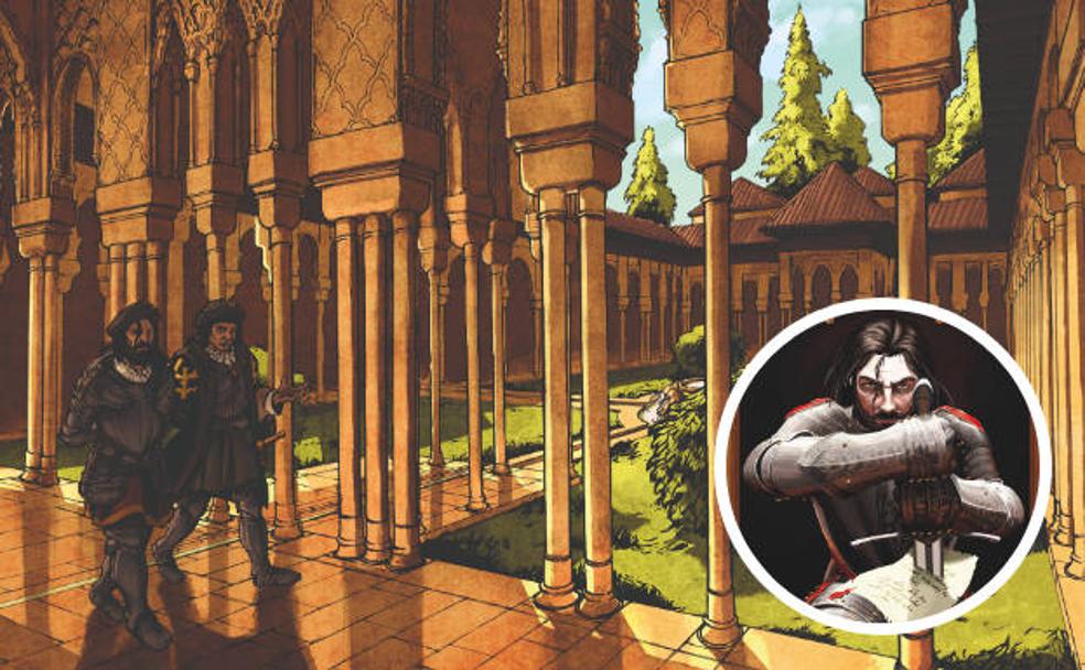 Hernán Pérez del Pulgar y el Gran Capitán pasean por La Alhambra en una de las viñetas del cómic. En el círculo, el protagonista clava su espada.