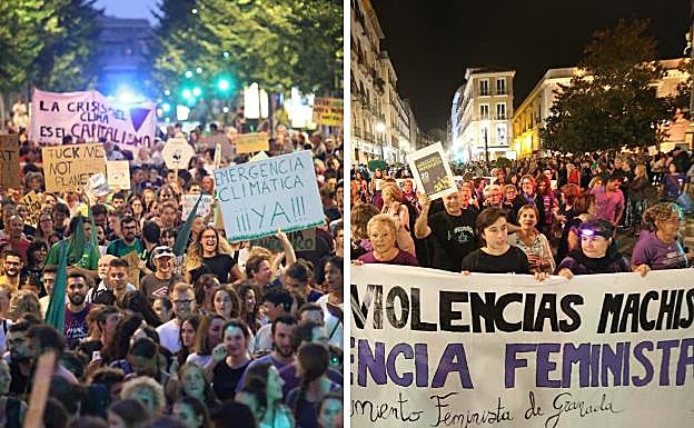 A la izquierda, movilización contra el cambio climático; a la derecha, la manifestación feminista. 