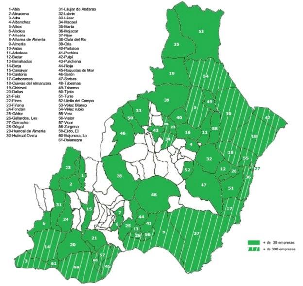 Mapa de la provincia de Almería dividido por municipios.