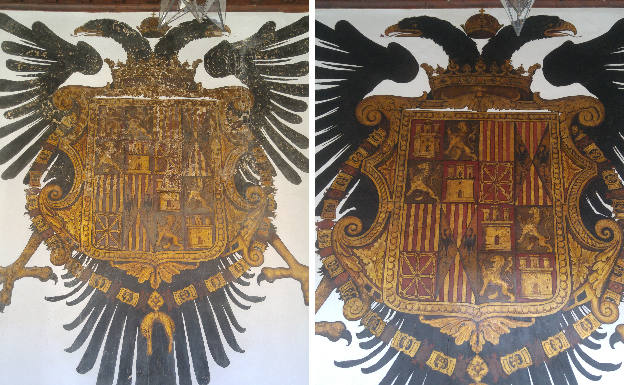 Fotos del escudo antes y después de la restauración
