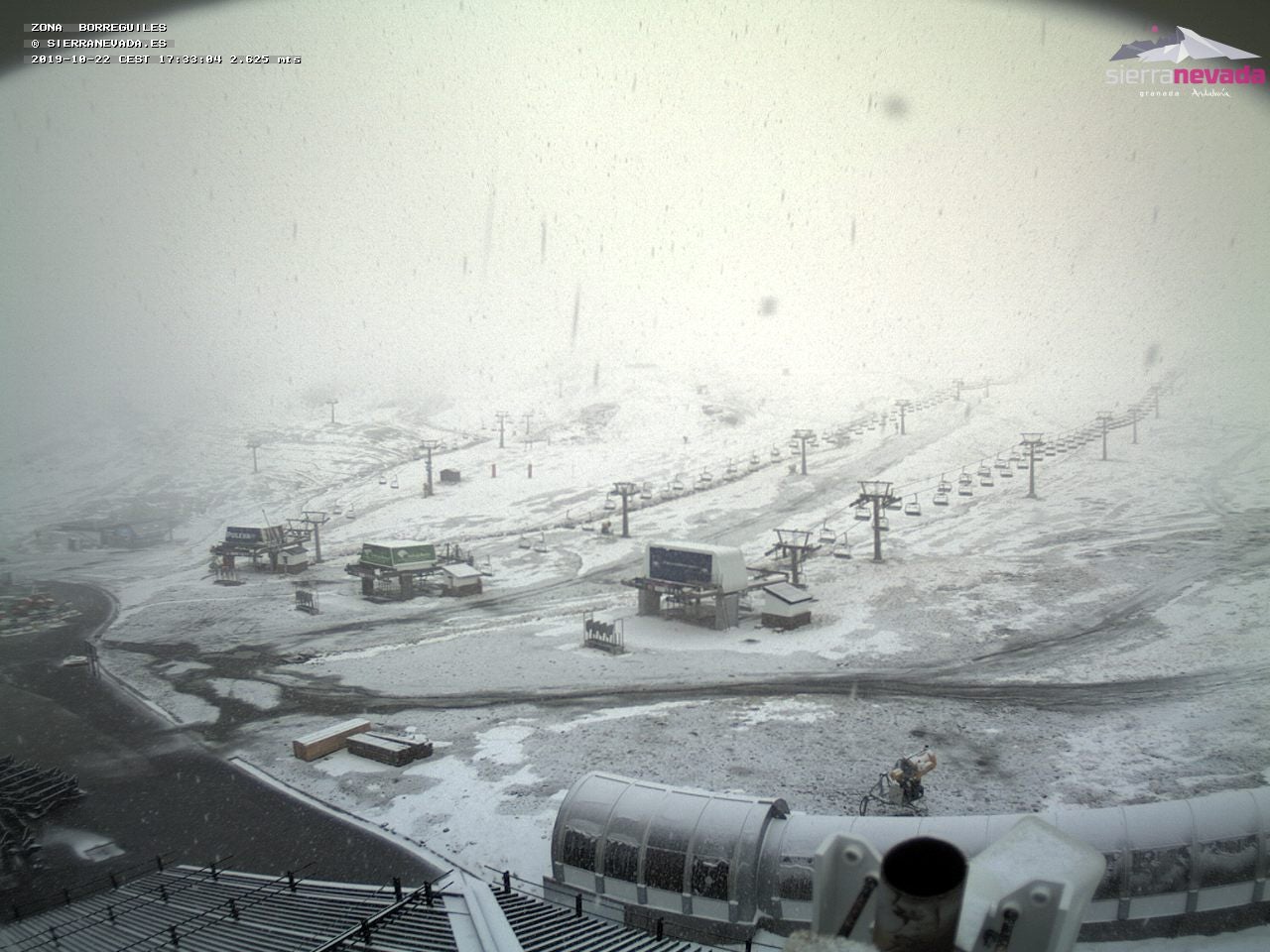 Los copos caen con fuerza en la tarde de este miércoles en Sierra Nevada, incluso en cotas bajas. 