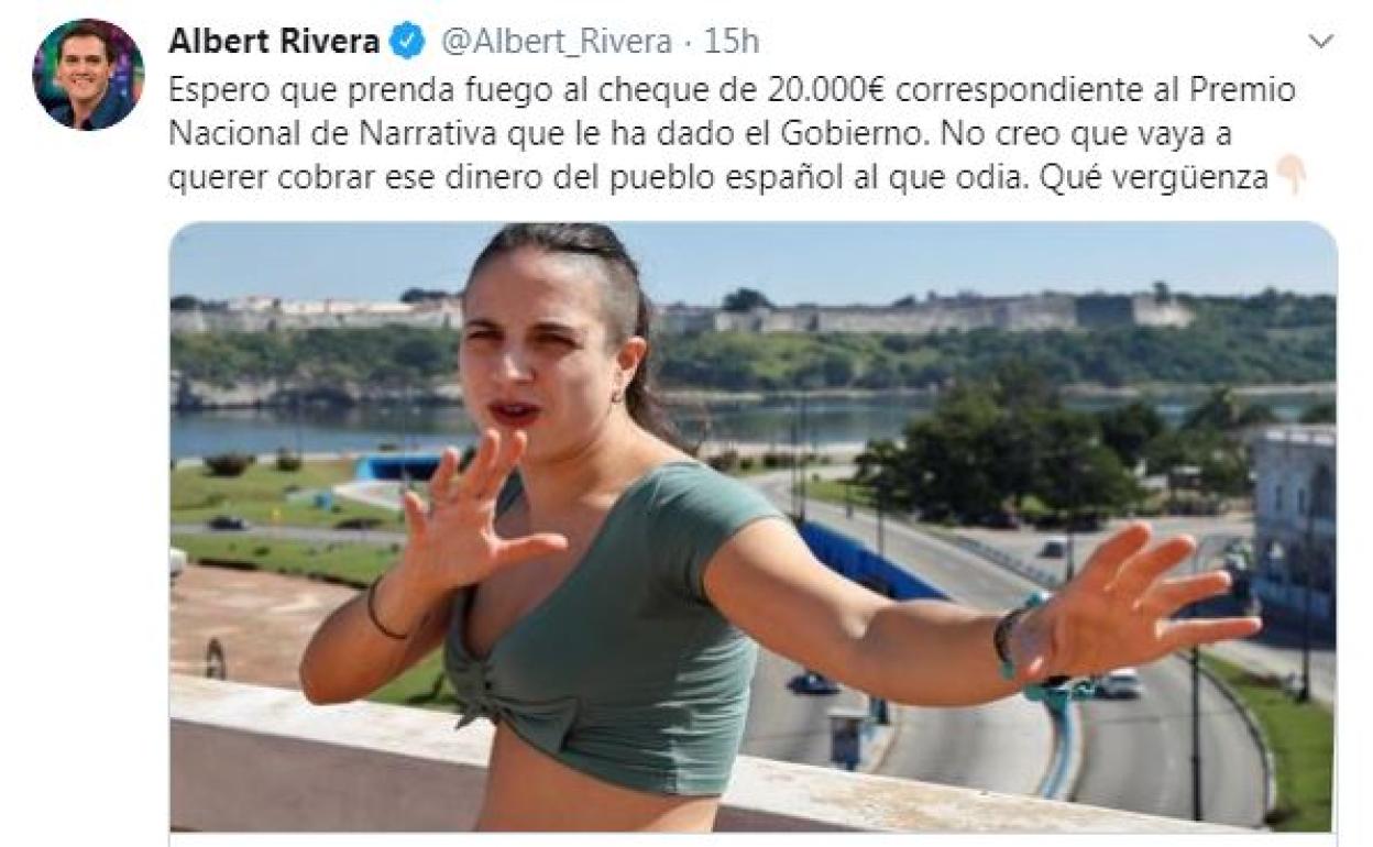 Rivera, sobre Cristina Morales: «Espero que prenda fuego al cheque del premio»